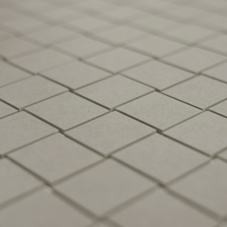 Grijze vierkante tegels zijn gerangschikt in een netjes, herhalend rasterpatroon op een vlakke ondergrond, waardoor een uniform,