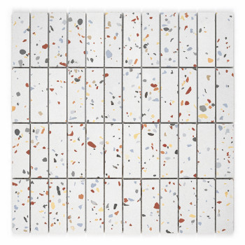 Ceramic tiles display scattered, multicolored terrazzo patterns on a white background, arranged in neat vertical rows for decora