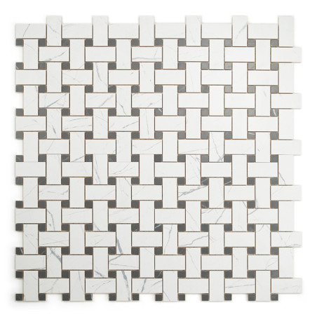Weiße und graue rechteckige Fliesen greifen ineinander und bilden ein geflochtenes Korbmuster, wodurch eine geometrische Textur  Weiße und graue rechteckige Fliesen greifen ineinander und bilden ein geflochtenes Korbmuster, wodurch eine geometrische Textur