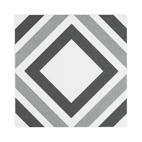 Um ladrilho quadrado apresenta padrões de diamante concêntricos em linhas pretas e cinza com fundo branco, criando um desenho ge
