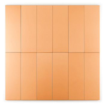 Eine rechteckige, einfarbige, orangefarbene Fliese liegt flach auf einem schlichten weißen Hintergrund und betont ihre glatte Te