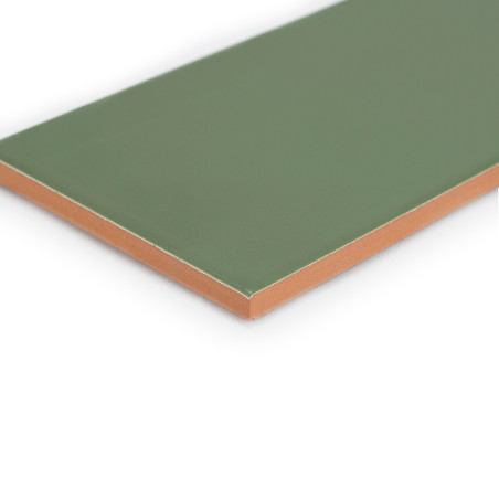 Eine rechteckige, grüne Keramikfliese mit glatter Oberfläche und braunem Rand, die auf einem schlichten weißen Hintergrund ruht.