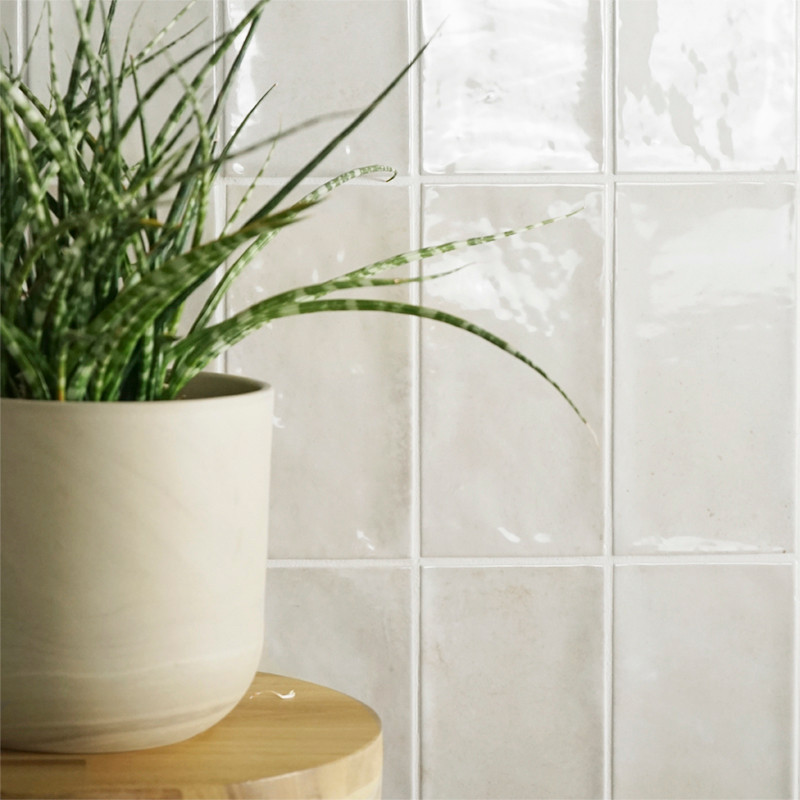 Um vaso de planta repousa sobre uma superfície de madeira, com folhas verdes estendendo-se para fora. Atrás, azulejos brancos br