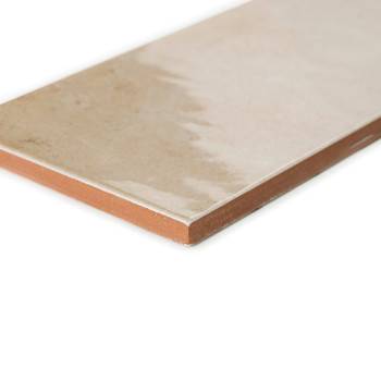 Een rechthoekige keramische tegel met een glad, glanzend beige oppervlak rust op een witte achtergrond, waardoor de roodbruine r