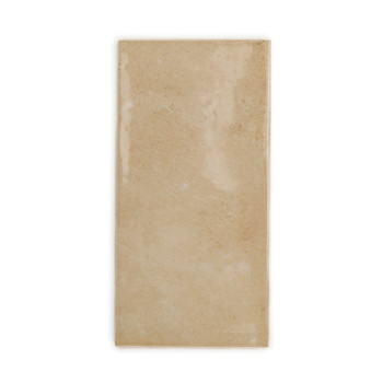 Een rechthoekige beige tegel met een gladde, glanzende afwerking ligt tegen een effen witte achtergrond.