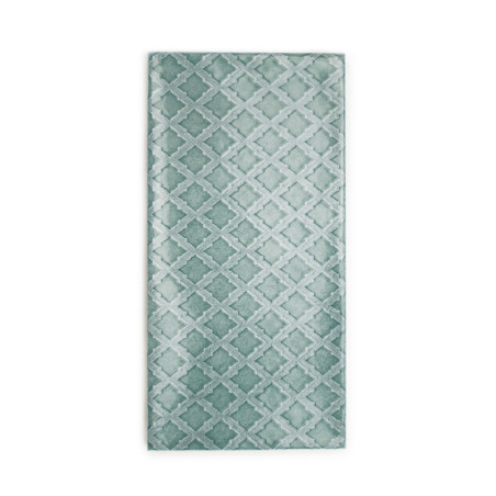 A rectangular tile displays a geometric pattern of interlocking diamonds in various shades of teal, set against a white backgrou