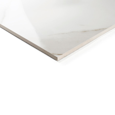 Een gladde, glanzende tegel met een marmerachtig patroon rust op een effen wit oppervlak, met strakke randen en subtiele grijze 