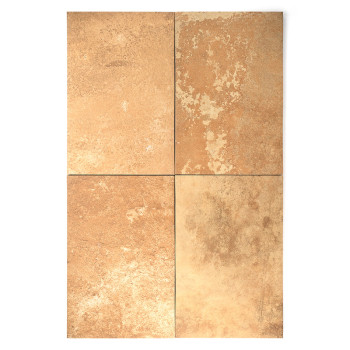 Un carreau rectangulaire présente une surface texturée et marbrée de brun, suggérant un aspect de pierre rustique, adapté à la d