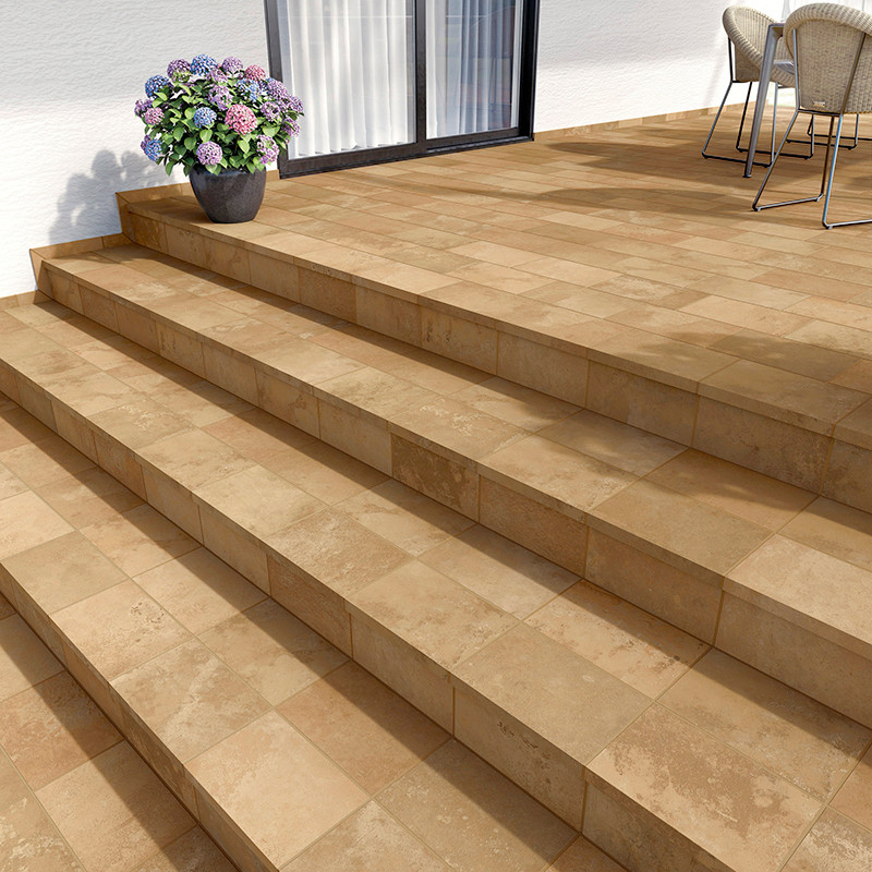 Una serie de azulejos de terracota beige cubren el patio y los escalones. Una planta en maceta se encuentra junto a puertas de v
