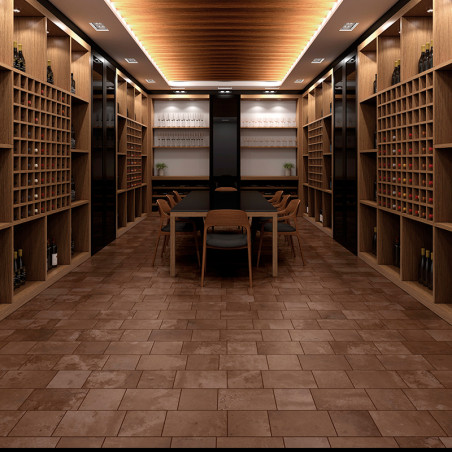 El patrón de azulejos forma el piso de una bodega, con botellas almacenadas en estantes de madera a los lados, una mesa en el ce El patrón de azulejos forma el piso de una bodega, con botellas almacenadas en estantes de madera a los lados, una mesa en el ce