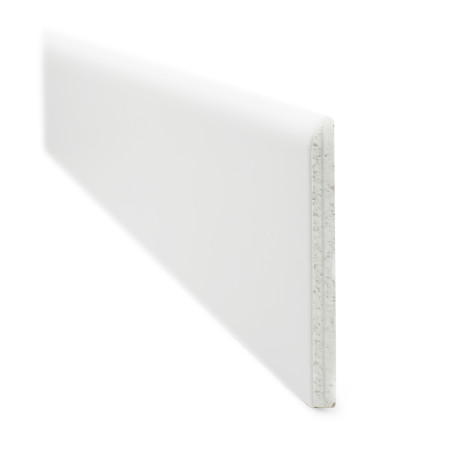 A white rectangular skirting board lies diagonally with a smooth surface and shows a layered cross section. It is isolated on a plain background. A white rectangular skirting board lies diagonally with a smooth surface and shows a layered cross section. It is isolated on a plain background.