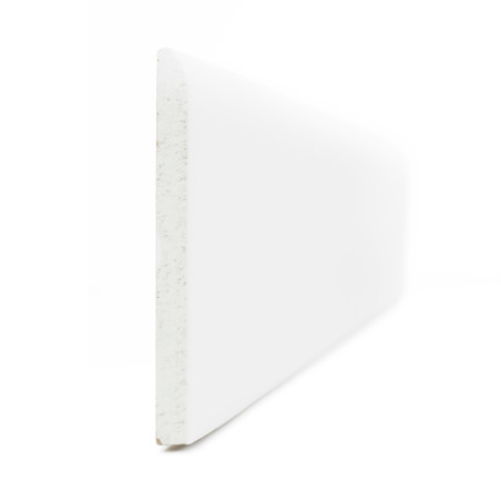 A rectangular white baseboard stands upright, revealing a smooth surface and beveled edge with a plain white background. A rectangular white baseboard stands upright, revealing a smooth surface and beveled edge with a plain white background.