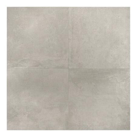 Een lichtgrijze keramische tegel vertoont subtiele spikkels en variaties en vormt een minimalistisch vierkant patroon dat geschi