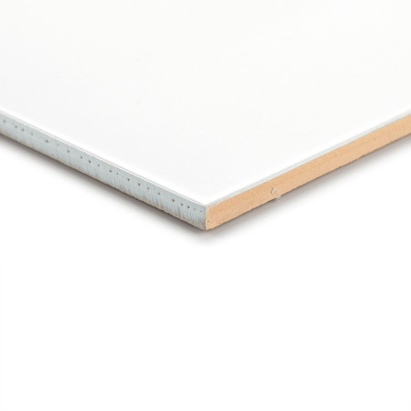 A white ceramic tile rests on a flat surface, showcasing its smooth edge and light brown underside in a bright setting.