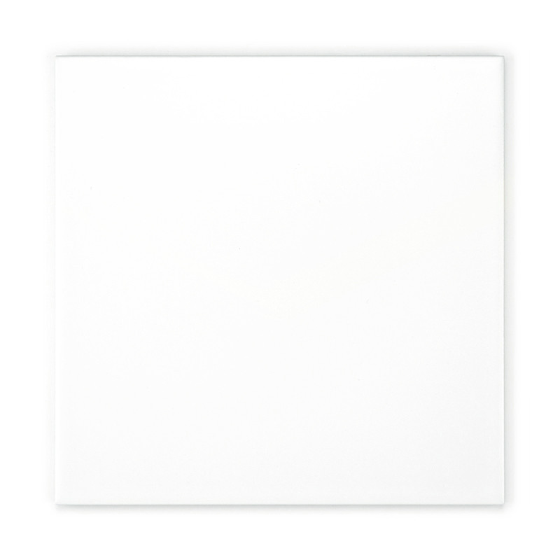 A plain, white, square tile rests against a completely white background, emphasizing simplicity and uniformity.