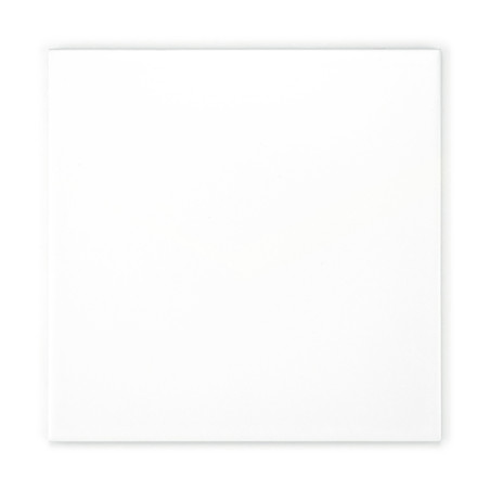 A plain, white, square tile rests against a completely white background, emphasizing simplicity and uniformity.