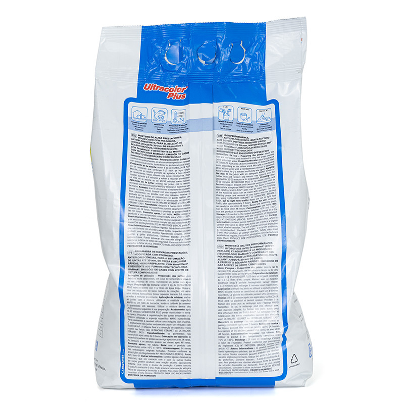 Una bolsa de plástico blanca se encuentra en posición vertical con instrucciones de uso detalladas en varios idiomas en su parte
