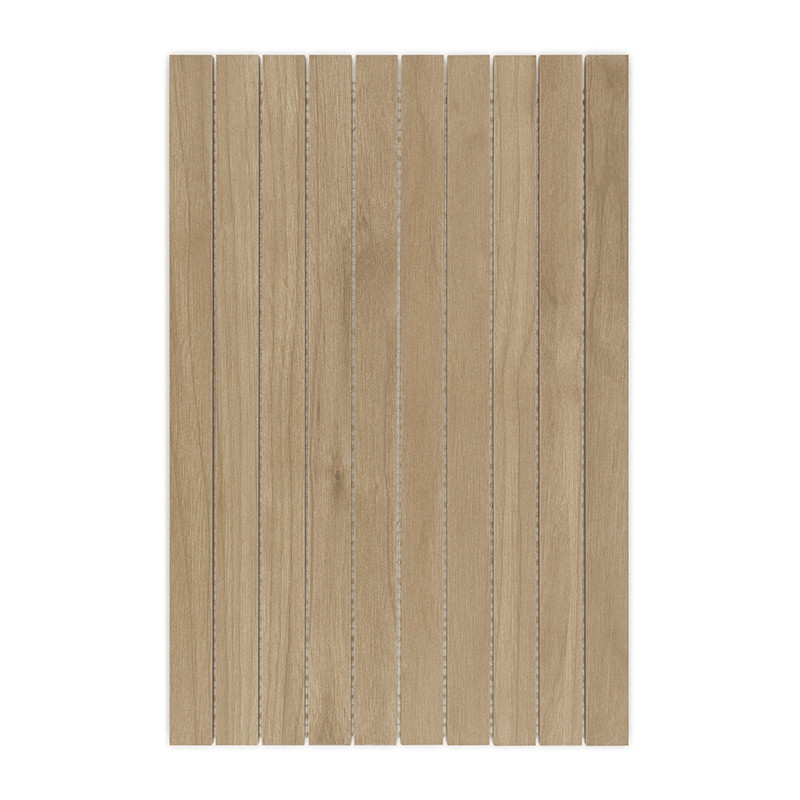 azulejos de madera dispuestas verticalmente, creando un patrón similar a una tabla. El color marrón claro y las vetas de la made