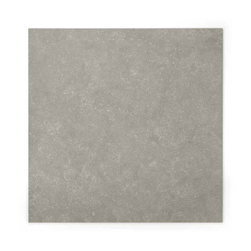 A square, matte, gray ceramic tile with subtle mottled patterns, resting against a white background, suitable for flooring or wa