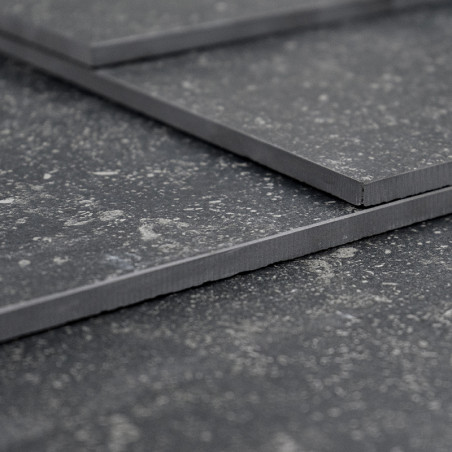 Drie overlappende donkergrijze tegels, rustend op een gestructureerd oppervlak, vertonen een gespikkeld patroon met licht opstaa