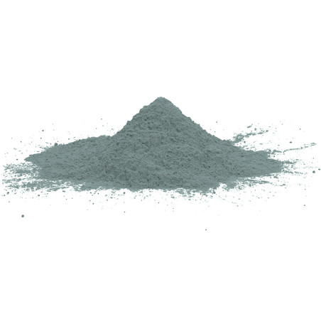 Un petit tas de poudre grise reposant sur une surface plane et blanche, entouré de particules éparses. Un petit tas de poudre grise reposant sur une surface plane et blanche, entouré de particules éparses.