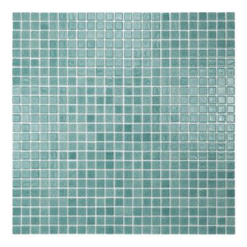 Ladrilhos de vidro turquesa formam um padrão xadrez, refletindo sutilmente a luz, dispostos ordenadamente em um layout de mosaic