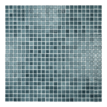 Ladrilhos quadrados azul-esverdeados formam um padrão de mosaico simétrico, criando uma superfície texturizada e reflexiva com s