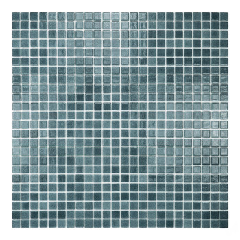 Carreaux de verre carrés disposés en grille, variant les nuances de bleu, sur un fond blanc.