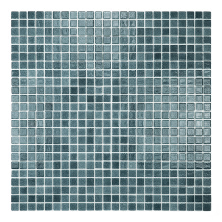 Ladrilhos de vidro azul esverdeado dispostos em um padrão de mosaico simétrico, criando um efeito gradiente em um layout quadrad