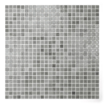 Quadratische, gleichmäßig angeordnete Glasmosaikfliesen weisen subtile Grauverläufe auf und bilden ein strukturiertes Muster vor
