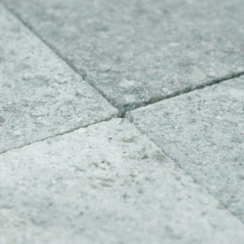 Os ladrilhos de pedra apresentam um padrão sutil salpicado, parcialmente submerso, com a água lançando suaves ondulações sobre s