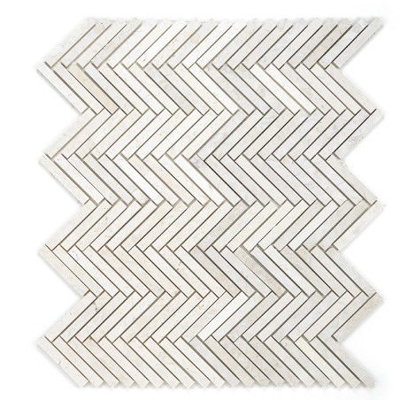 Weiße rechteckige Steinfliesen bilden ein Zickzack-Fischgrätenmuster und bilden ein strukturiertes, geometrisches Design vor ein Weiße rechteckige Steinfliesen bilden ein Zickzack-Fischgrätenmuster und bilden ein strukturiertes, geometrisches Design vor ein