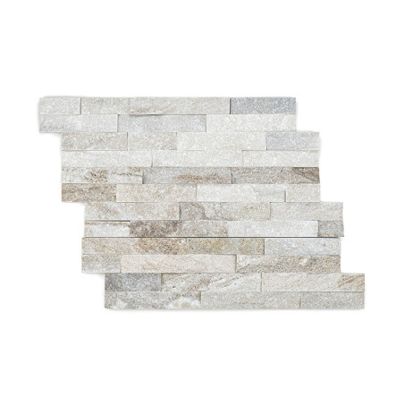 Rechthoekige stenen tegels zijn gerangschikt in een verschoven patroon en vertonen een verloop van beige en grijze tinten.