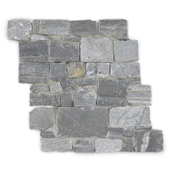 Gray stone tiles arranged in varied rectangular shapes, creating a textured, interlocking pattern on a plain white background.