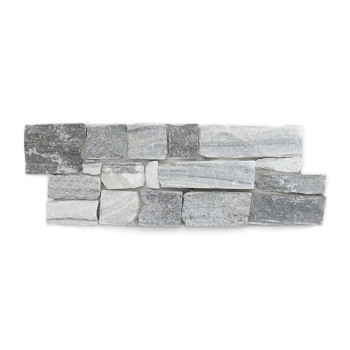 Rectangular stone tile composed of variously sized gray and white stones, arranged in a staggered pattern against a plain backgr
