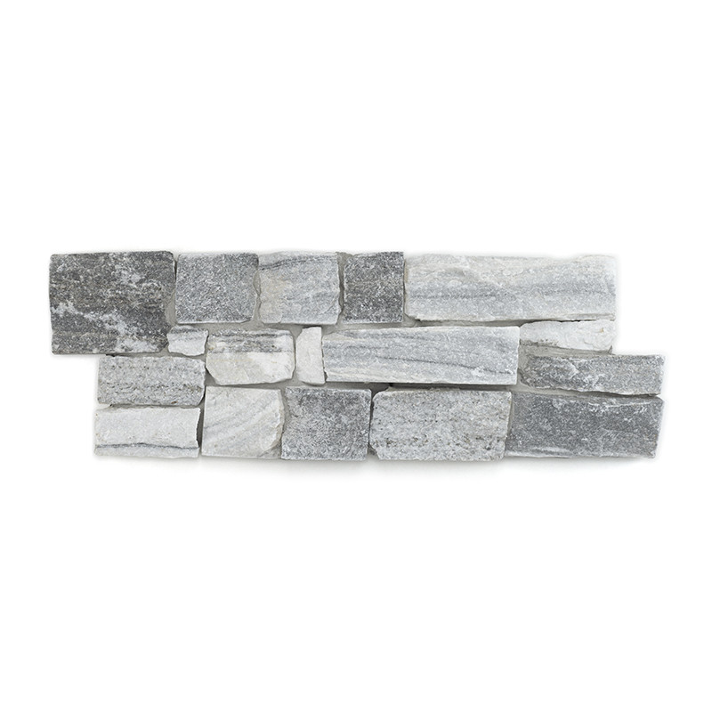 Rectangular stone tile composed of variously sized gray and white stones, arranged in a staggered pattern against a plain backgr