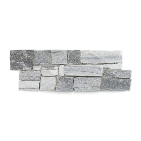 Rectangular stone tile composed of variously sized gray and white stones, arranged in a staggered pattern against a plain backgr