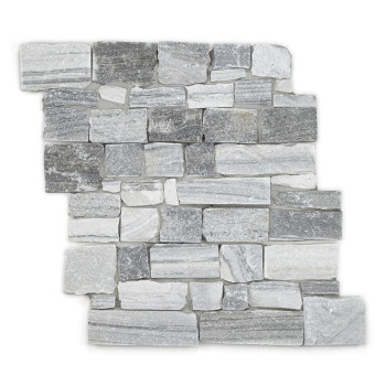 Rectangular stone tile composed of variously sized gray and white stones, arranged in a staggered pattern against a plain backgr