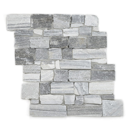 Rectangular stone tiles are stacked in a staggered pattern, showcasing various shades of grey in a flat layout.