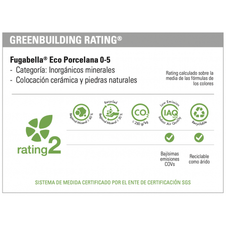 Das Fugabella® Eco Porcelana 0-5 Harz-Zement-Etikett zeigt grüne Symbole und Bewertungen. geeignet für Keramik, Stein, emissions