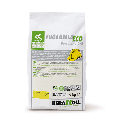Beutel mit Fugabella Eco Porcelana 0-5 Harzzement, weiß mit grünen Details, mit Zertifizierungen und Gebrauchsanweisungen. Text: