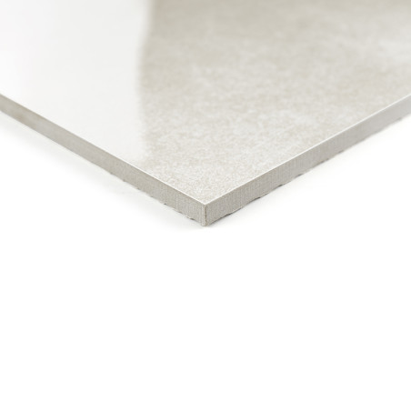 A square, light gray ceramic tile sits on a plain white background. the tiles smooth surface reflects light subtly.
