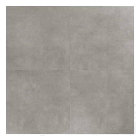 Die Fliese weist eine hellgraue, matte Oberfläche mit einer dezent strukturierten Oberfläche auf, die in vier Quadranten unterte
