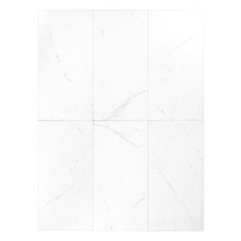 Rectangular white tile features subtle gray veining, resting flat in a simple, minimalist design setting.