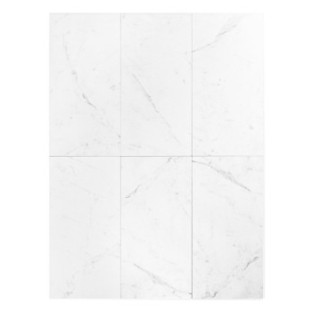 Um ladrilho cerâmico retangular branco exibe um padrão sutil de mármore cinza, sugerindo uma aparência elegante e moderna, adequ