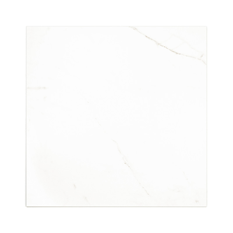 A square white tile displays subtle gray veining, resembling marble, set against a plain background, emphasizing its sleek, mini