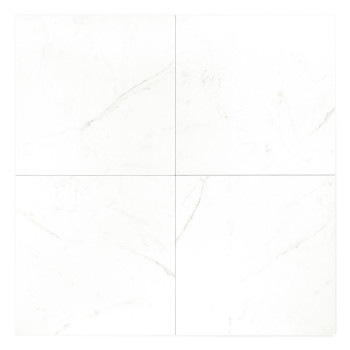 A square white tile displays subtle gray veining, resembling marble, set against a plain background, emphasizing its sleek, mini