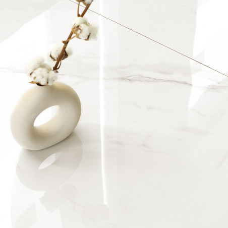 Een gladde, witmarmeren tegel reflecteert het licht en heeft subtiele grijze nerven. Een ronde, witte keramische vaas bevat een 