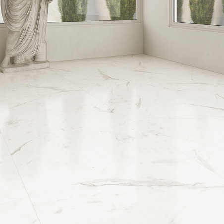 Witmarmeren tegels met subtiele grijze nerven bedekken een vloer. Er staat een klassiek standbeeld vlakbij, en grote ramen laten