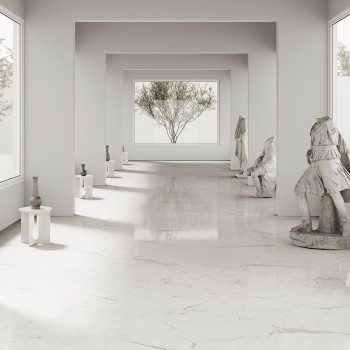 Marmeren beelden staan ​​in een elegante, met licht gevulde gang, elk op sokkels naast gladde, reflecterende vloeren. Grote rame